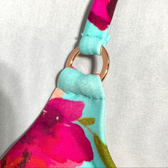 Nanette Lepore Blue Floral Triangle Bikini Top Francesca Tassels Rose Gold Sz6 - Picture 6 of 12